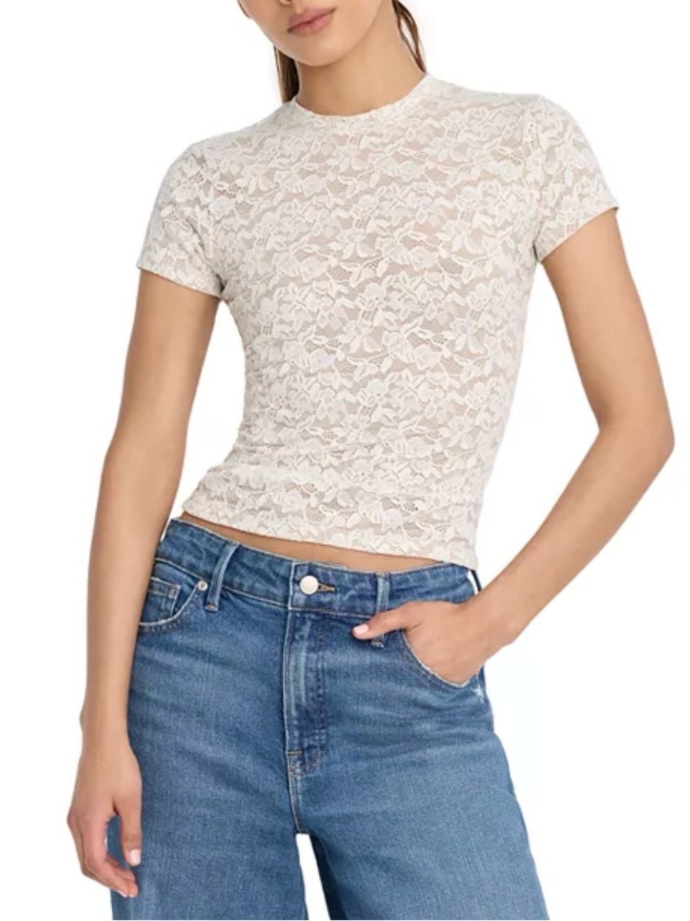 Good American NWT Lace Short Sleeve Crewneck Tshirt size S